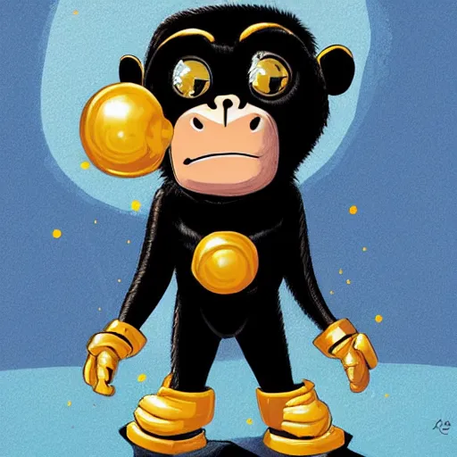 Prompt: portrait of a straight forward looking Chimpanzee in black spacesuit with golden elements, by Skottie Young and WLOP