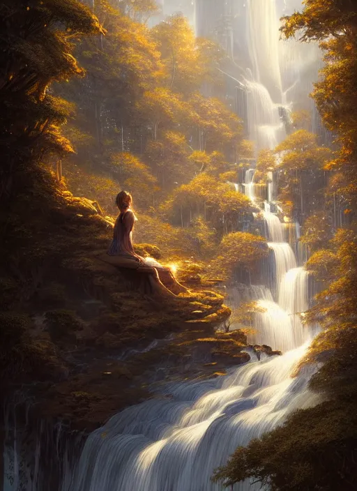 Image similar to detailed intricate digital illustration by greg rutkowski and artgerm and wlop and sanford robinson gifford ; shimmering waterfall in background ; 1 3 mm film, arri alfa anamorphic lens ; sharp focus, golden hour lighting, trending on artstation 4 k