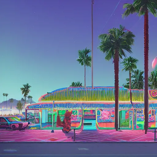 Prompt: inside psychedelic beachfront fast food restaurant with palm trees by simon stalenhag