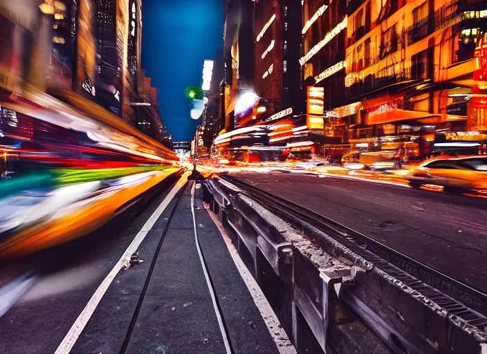 Prompt: busy nyc street , dense traffic metro train on bridge over street, cinematic lighting, professional photo