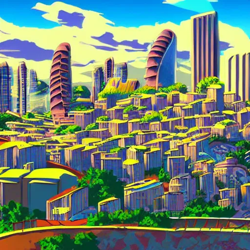 Image similar to futuristic city on a mountainside, colorful city, megacity, clouds on mountain, buildings on mountainside, cel - shading, cel - shaded, 2 0 0 1 anime, bright sunshine