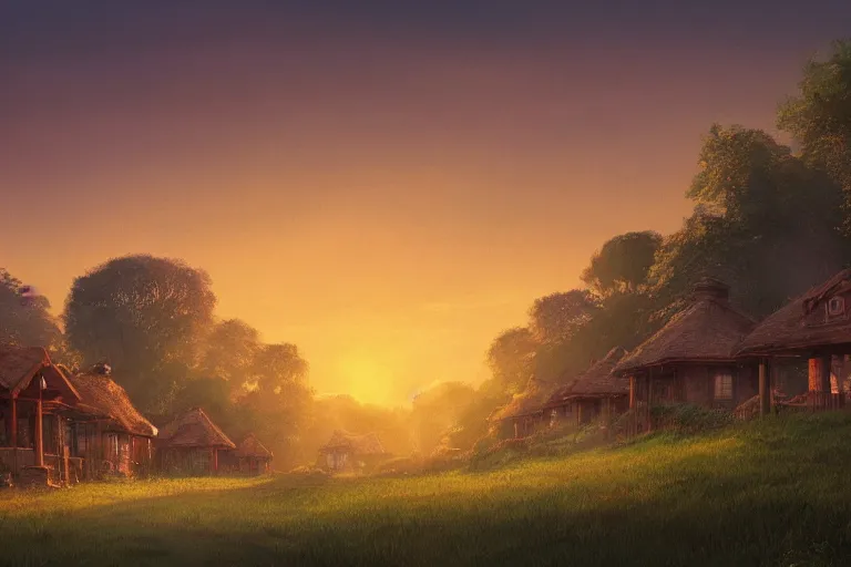 Image similar to sunset over the cottages in the shire, ghibli, artstation, award wining, rutkowski, shinkai