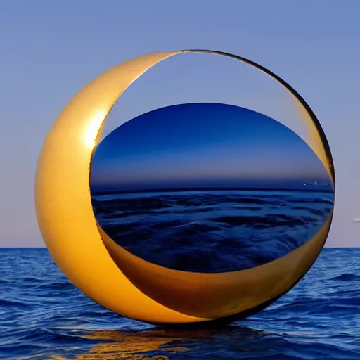 Image similar to a reflective golden eco sphere and torus in the sky over the ocean