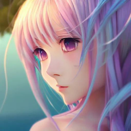 Prompt: pastel render as a very beautiful 3d anime girl, long braided silver hair, azure blue eyes, full round face, short smile, casual clothes, serene beach setting, cinematic lightning, medium shot, mid-shot, highly detailed, trending on Artstation, Unreal Engine 4k, cinematic wallpaper