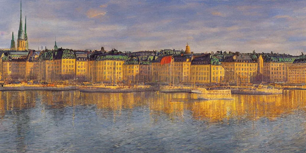 Image similar to stockholm city, volumetric lighting, spring early, nice slight overcast weather, realistic illustration, perfectly shaded, ( golden hour ), soft painting, low angle, art by sven nordqvist