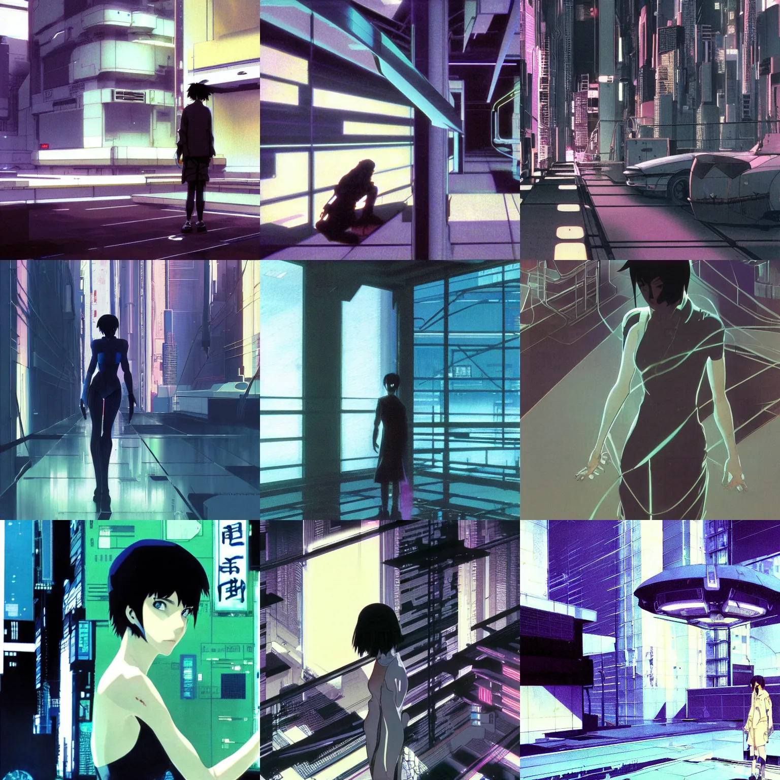 Prompt: glitch ghost in the shell lain by makoto shinkai concept art by syd mead