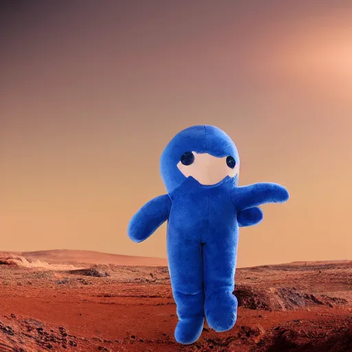 Prompt: blue'snappy gifts'human - sized plush doll, on the background of mars landscape, holding gift, hazy atmosphere, high detail, soft lighting, 8 k