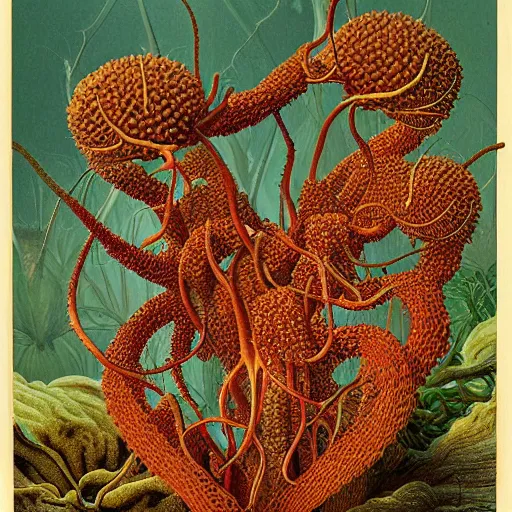 Prompt: Botanical illustration of sentient Clathrus ruber cordyceps slime mold in its native habitat by Haeckel and, ultradetailed digital art, vivid natural color hues