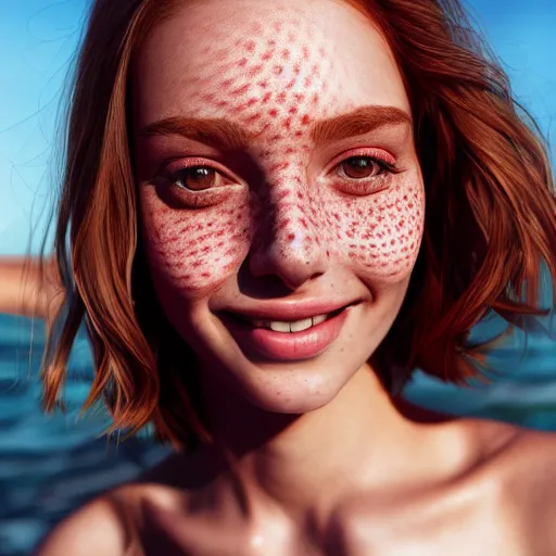 Image similar to portrait of a cute thin young woman, red blush, cute freckles, smug smile, modern clothes, relaxing on the beach, golden hour, close up shot, 8 k, art by irakli nadar, hyperrealism, hyperdetailed, ultra realistic