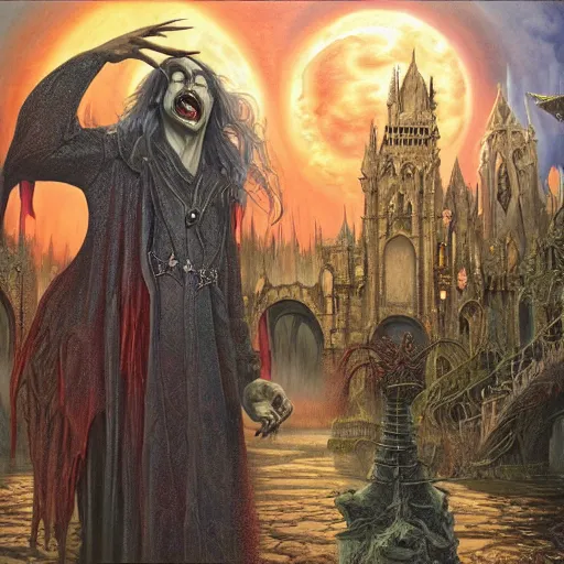 Prompt: Horrifying hyper realistic vampire in a beautiful lsd multiverse, Gerald Brom matte painting, post-processing, fantasy , masterpiece , painting , vibrant colors