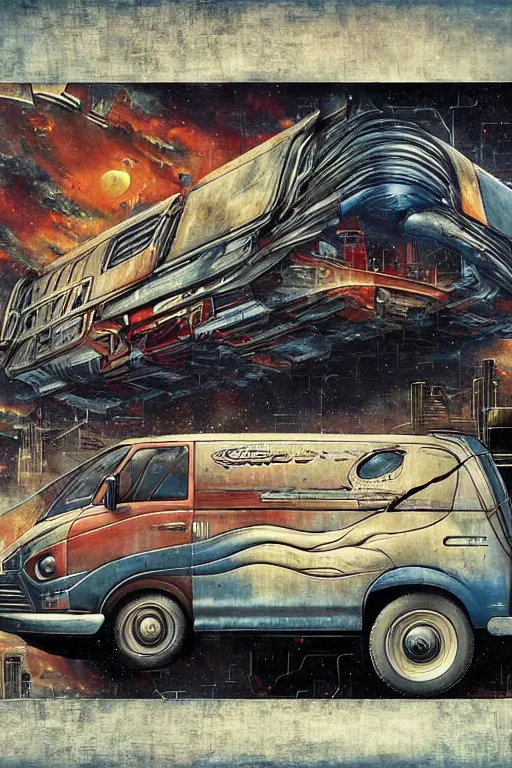 Prompt: futuristic old van mural by victor calleja bayard wu