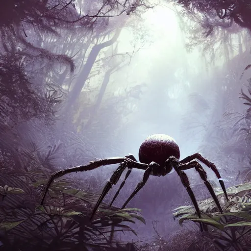 Prompt: an ugly giant spider, beautiful, realistic, atmosphere, vibe, forest, giant webs, ferns, bones, concept art illustration, color page, tone mapping, akihiko yoshida, james jean, andrei riabovitchev, marc simonetti, digital illustration, greg rutowski, volumetric lighting, sunbeams, particles