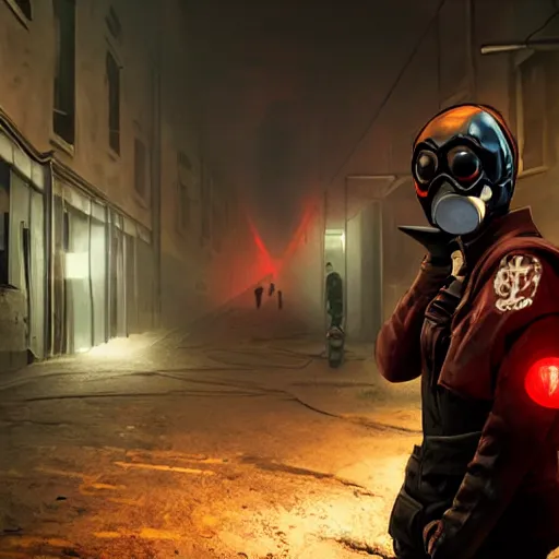 Prompt: hooden villain wearing a gas mask with red goggles, kamen rider, smoke coming out of his body and coat, dark background, in a dark alley, unreal engine 5, ultra realistic, detailed, fog, volumetric lighting, by greg rutkowski,