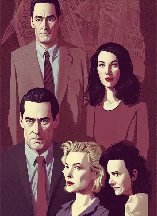 Image similar to Twin Peaks poster artwork by Michael Whelan and Tomer Hanuka, Karol Bak of Naomi Watts Jon Hamm husband & wife portrait, creepy smiles, from scene from Twin Peaks, clean, simple illustration, nostalgic, domestic, full of details