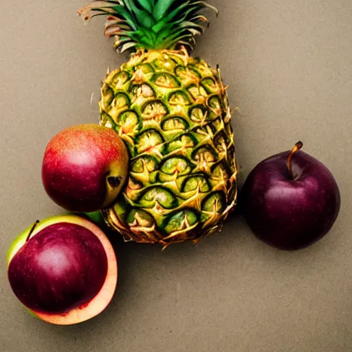 Prompt: pineapple hitting apple and throws grape on it