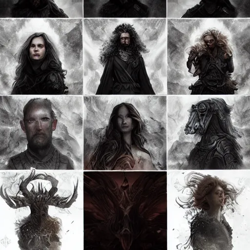 Image similar to Portraits based on the four horsemen of the apocalypse, intricate, epic, elegant, menacing, fantasy, highly detailed, digital painting, hard focus, beautiful volumetric lighting, epic light, ultra detailed, by Leesha Hannigan, Ross Tran, Thierry Doizon, Kai Carpenter, Ignacio Fernández Ríos