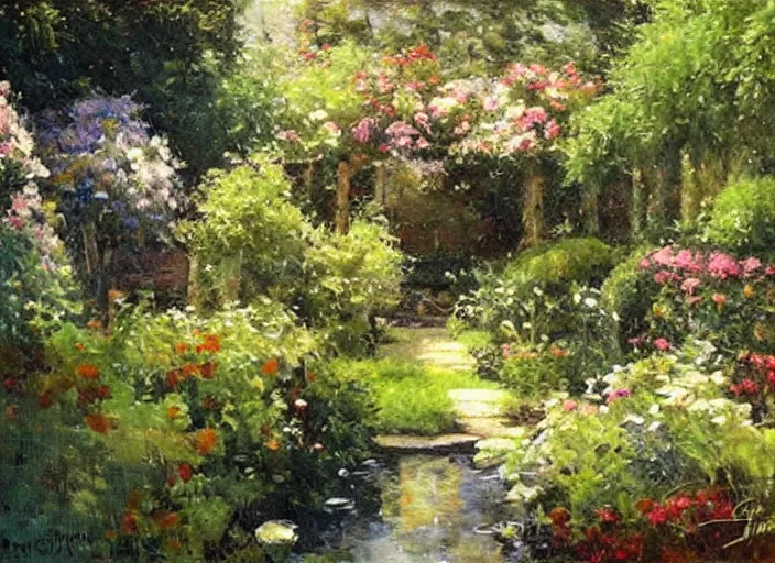 Prompt: oil painting by james gurney of a secret garden, some edges lost, high contrast, subtle tones, calm, serene landscape, beautiful detailed garden painting