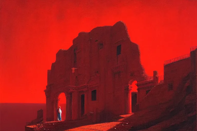 Image similar to only with red, a red melted emperor, taormina amphitheatre, crowd hails him, in the style of beksinski, parts by edward hopper, parts by rodcenko, parts by yue minjun, intricate and epic composition, red by caravaggio, insanely quality, highly detailed, masterpiece, red light, artstation, 4 k