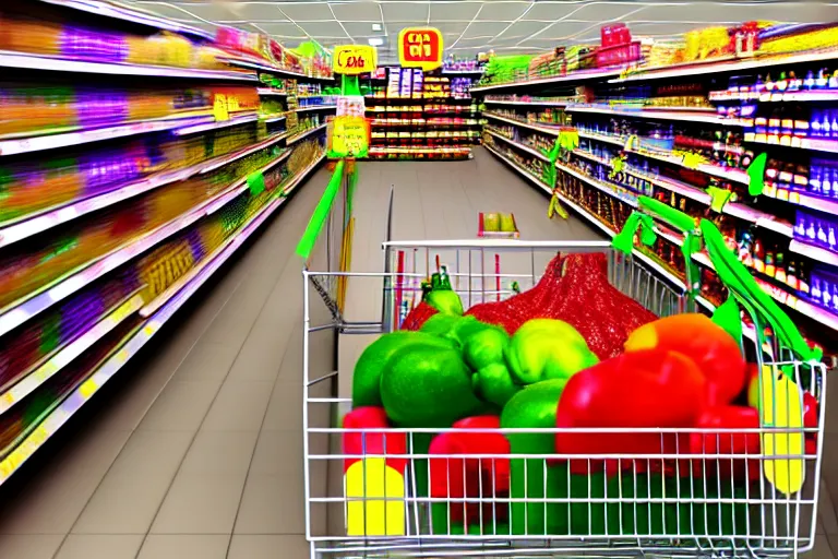 Image similar to lsd trip in the supermarket. super realistic 8 k render of a elegant, cinematic composition