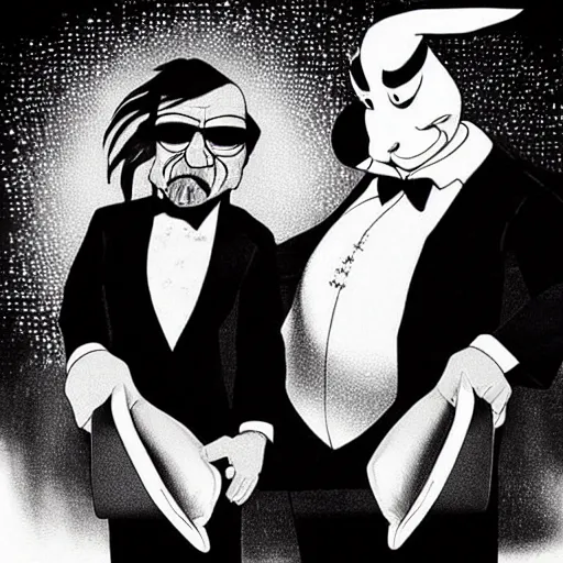 Image similar to “Walter White and Bugs Bunny as Vincent Vega and Jules from Pulp Fiction”