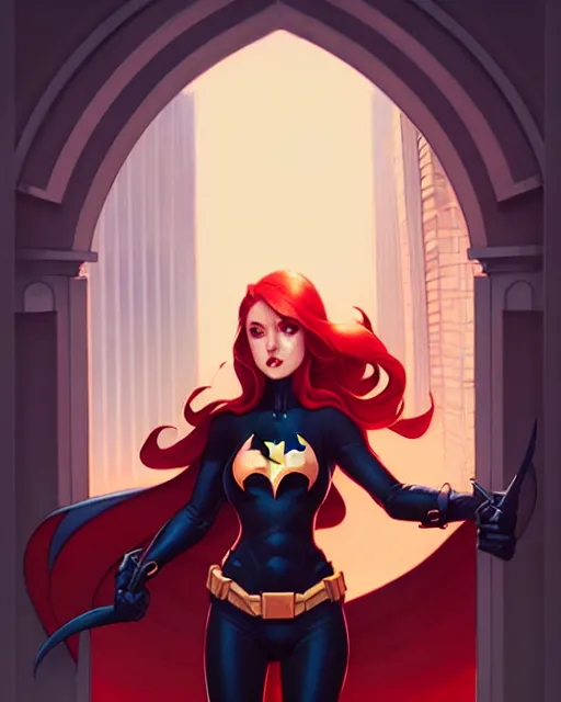 Prompt: phil noto, peter mohrbacher, thomas kinkade, artgerm, batgirl dc comics, red hair, symmetrical eyes, city rooftop