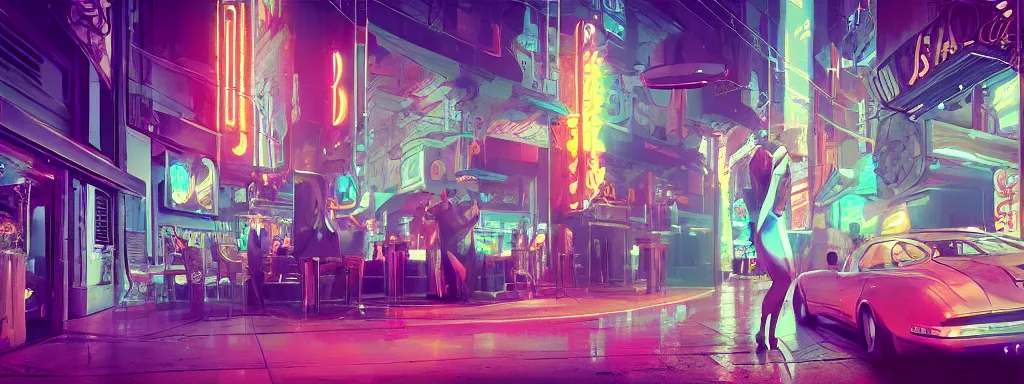 Image similar to concept art, crowded retro - futurist speakeasy, reflections, eerie neon lighting, beautiful plants, colourful flowers, style of bladerunner, octane render, artstation, james jean, syd mead, akihiko yoshida, cinematic