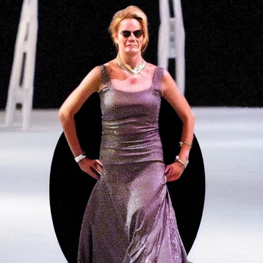 Prompt: Macgyver in a dress walking down a catwalk during fashion show