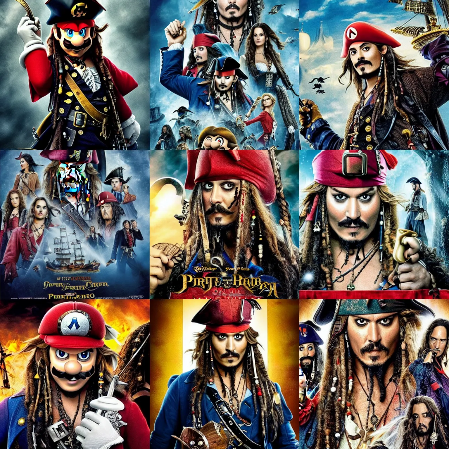 Prompt: super mario replacing johnny depp in the lead role in pirates of the caribbean ( 2 0 2 4 ), movie poster