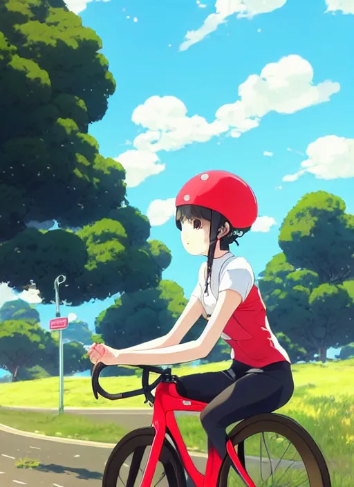 Prompt: portrait of cute girl riding road bike, sunny sky background, lush landscape, illustration concept art anime key visual trending pixiv fanbox by wlop and greg rutkowski and makoto shinkai and studio ghibli and kyoto animation, symmetrical facial features, sports clothing, road bike helmet, red cycling suit with sponsors, backlit, aerodynamic frame, gta 5