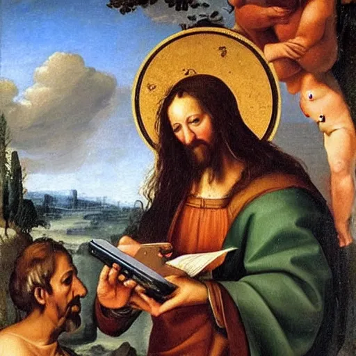 Prompt: renaissance oil painting prophet holding the holy iphone mobile phone of god