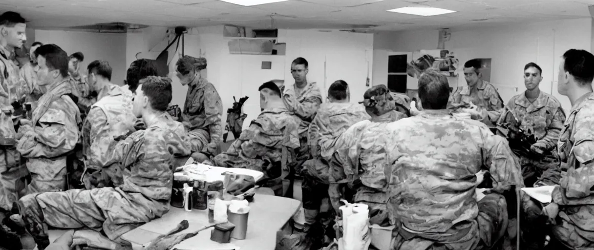 Image similar to filmic extreme wide shot movie still 4 k uhd interior 3 5 mm film color photograph of a group of soldiers relaxing in a break room in a secret military lab having a conversation