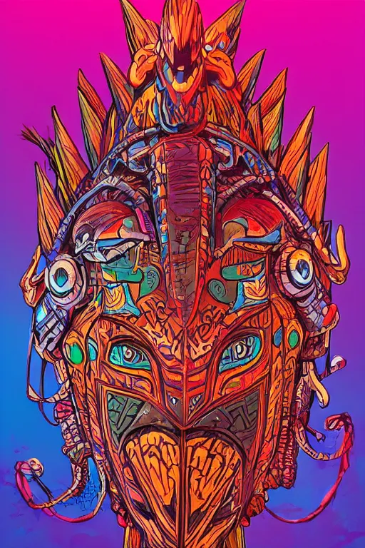 Image similar to totem animal tribal chaman vodoo mask feather gemstone plant wood rock video game illustration vivid color borderlands by josan gonzales and dan mumford radiating a glowing aura