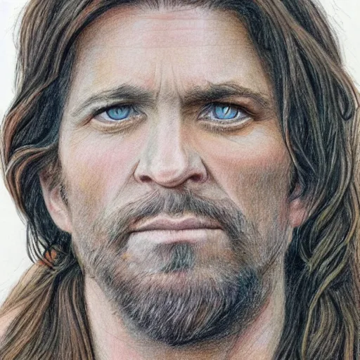 Image similar to colored pencil sketch of a Canadian singer-songwriter, 44, with long brown hair and sad eyes