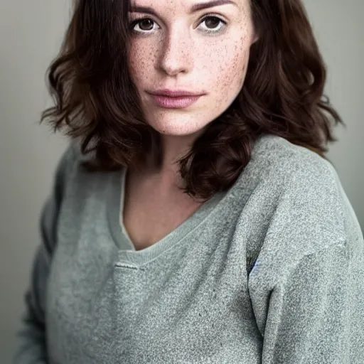 Image similar to 3 1 year old woman, short brown hair, freckles, green eyes, grey sweatshirt, rococo, elegant