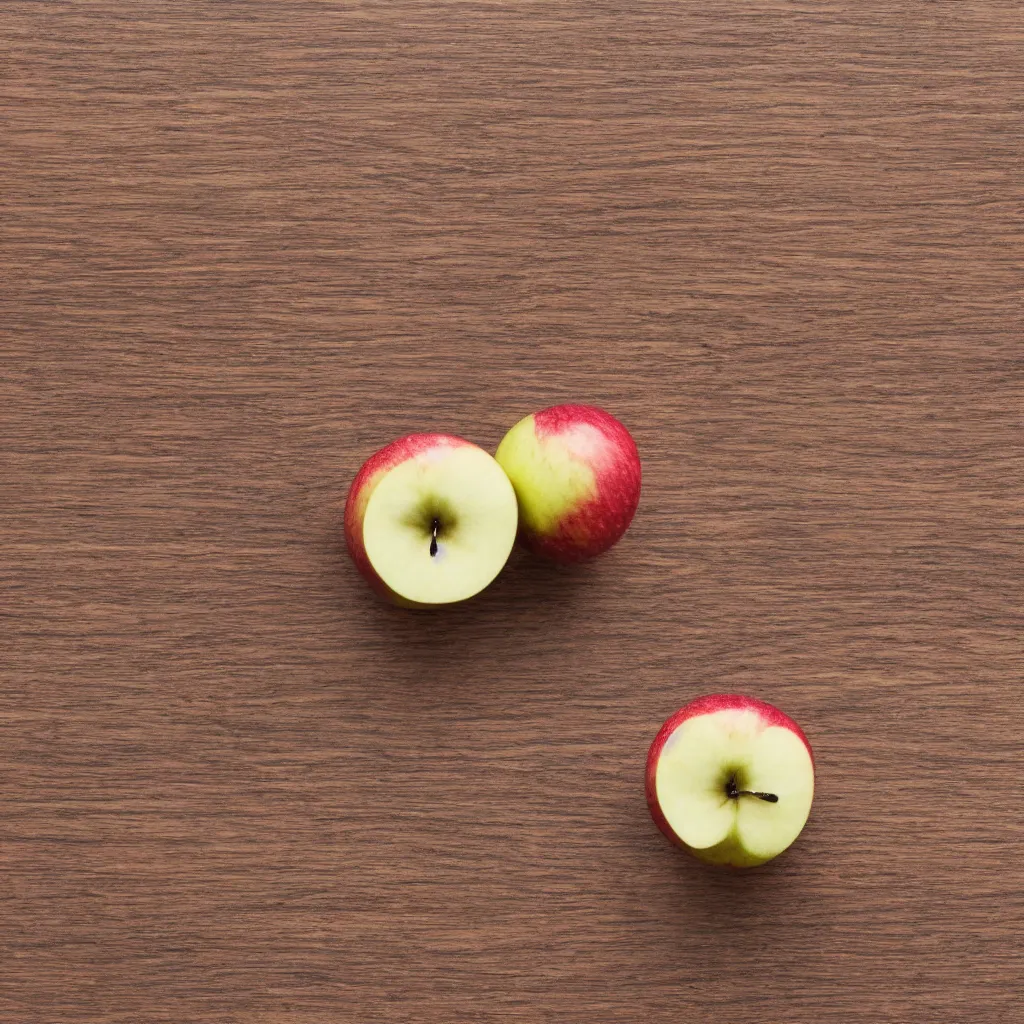 Prompt: top-down view with solo apple top of a wooden table, wallpaper, 4k, photorealistic