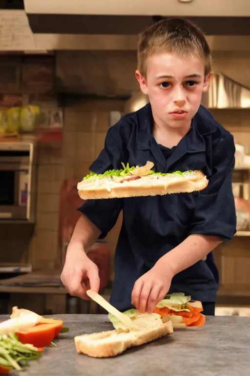 Prompt: a schoolboy in a Guy Fawkes mask makes sandwiches on the kitchen table