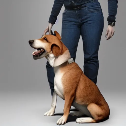 Prompt: a person standing next to a dog, gnome - sized human, truck - sized dog, stock photo, realistic, professional lighting, artstation