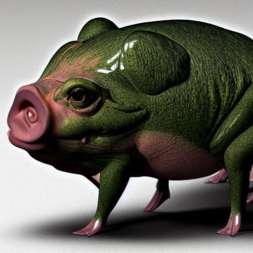 Prompt: Pig and Frog Hybrid creature, 4k, hyperrealistic, secret, lab photograph