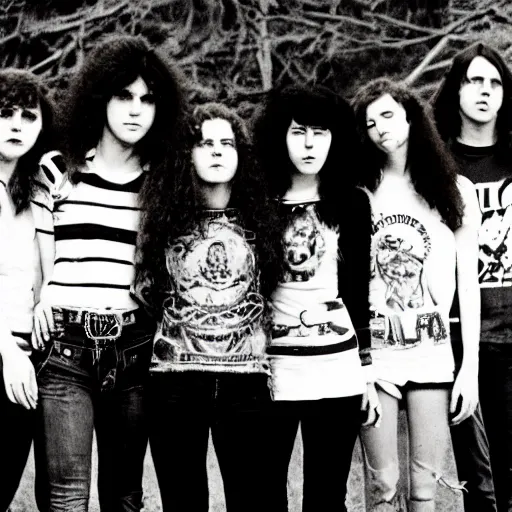 Image similar to Group of 19-year-old women holding electric guitars, long shaggy hair, permed hair, doom metal, punk rock, SST, band promo photo, 1987 photograph