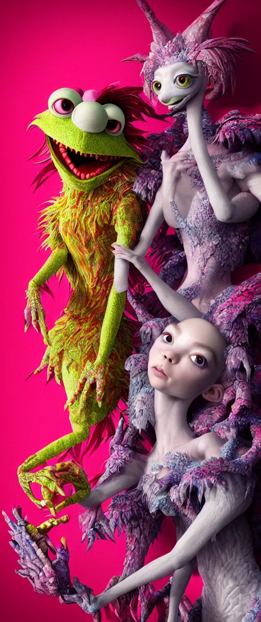 Image similar to hyper detailed 3d render like a Oil painting - kawaii portrait of two Aurora (a beautiful skeksis muppet fae princess protective playful personality from dark crystal that looks like Anya Taylor-Joy) seen red carpet photoshoot in UVIVF posing in scaly dress to Eat of the Strangling network of yellowcake aerochrome and milky Fruit and His delicate Hands hold of gossamer polyp blossoms bring iridescent fungal flowers whose spores black the foolish stars by Jacek Yerka, Ilya Kuvshinov, Mariusz Lewandowski, Houdini algorithmic generative render, Abstract brush strokes, Masterpiece, Edward Hopper and James Gilleard, Zdzislaw Beksinski, Mark Ryden, Wolfgang Lettl, hints of Yayoi Kasuma and Dr. Seuss, octane render, 8k
