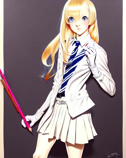 Prompt: depicting a young mischievous female prep school student with medium length bright blonde hair and pale skin, in an old study room, complex artistic color ink pen sketch illustration, subtle detailing, artwork by Artgerm and Range Murata.