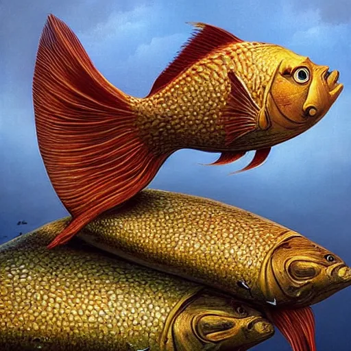 Prompt: a worried fish on the top of a pile of fish, all the fish are inside a cooking pot on the fire, side view, by vladimir kush, dystopian art, rococo