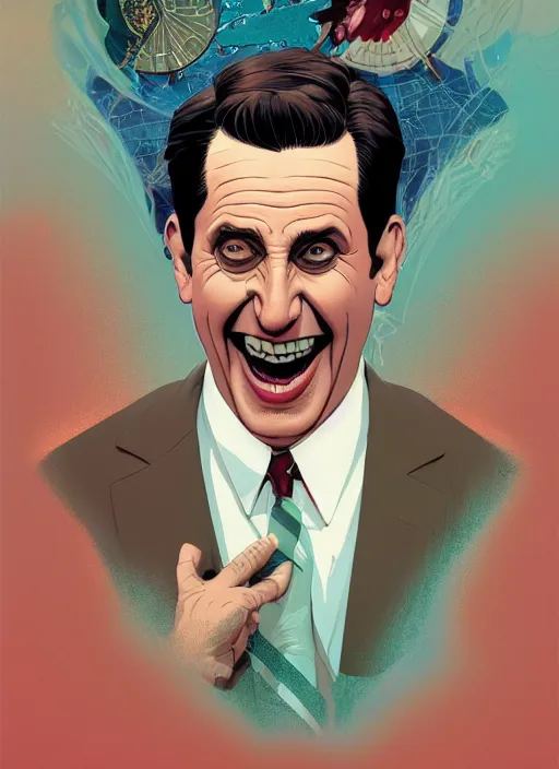 Image similar to poster artwork by Michael Whelan and Tomer Hanuka, Karol Bak of Michael Scott laughing, from scene from The Office, clean, simple illustration, nostalgic, domestic, full of details