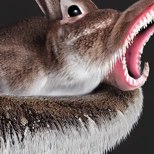 Prompt: “an upclose image of snake fangs biting into rabbit fur, unreal engine, hyper realism, 4K concept art”