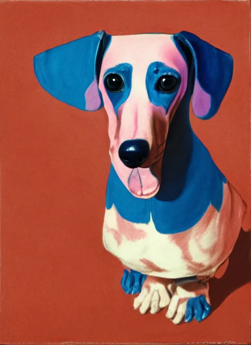 Image similar to Pink and Blue dachshund, painted by Georgia O'Keeffe