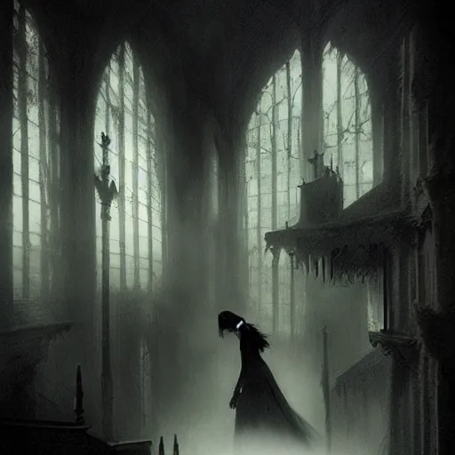 Image similar to a beautiful witch looks at her reflection, spiders and spiderwebs everywhere, elegant design, haunting atmosphere, dark lighting, gothic, horror style, scary, swirling fog, volumetric lighting, by greg rutkowski, dutch angle,