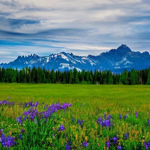 Prompt: photo of a heavenly meadow with a mountain range in the background