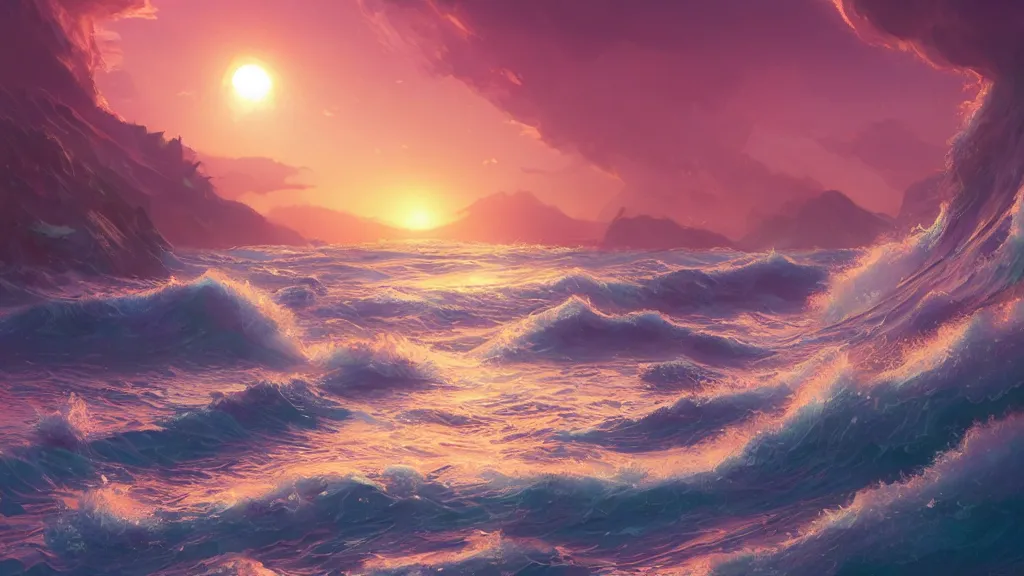 Image similar to a pink beach with impossibly large waves crashing against the shoreline, beautiful twilight sunset background, by sylvain sarrailh, rossdraws, ambient light, ultra detailed, fantasy artwork, 8 k, volumetric lighting, trending on artstation, award winning, very beautiful.