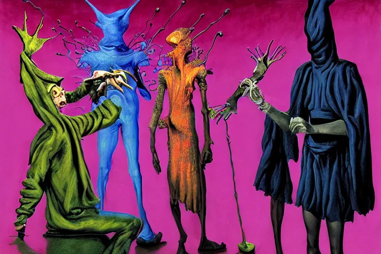 Image similar to a masterpiece painting in the laboratory of a technomancer wizard, in dazzle camouflaged robes, pointed hoods, he discusses sentience with his al djinn by remedios varo and anato finnstark and greg rutkowski and andy warhol and francis picabia. dayglo pink blue, prismatic, pearlescent, raven black, glowing, hyperrealism, trending on artstation