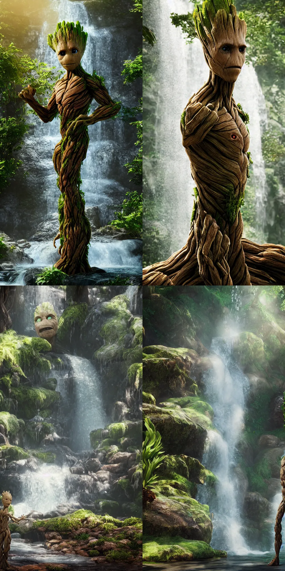 Prompt: photorealistic wide shot focus portrait of Groot posing, under waterfall, bokeh, octane render, unreal engine 4k, volumetric lighting, mist, detailed